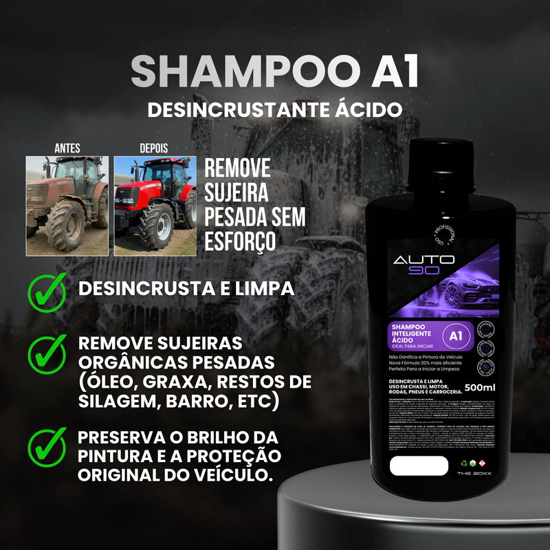 Shampoo automotivo premium para o agro Auto90 1L - Limpeza Pesada Para Máquinas Agrícolas (desicrustante + desengraxante)