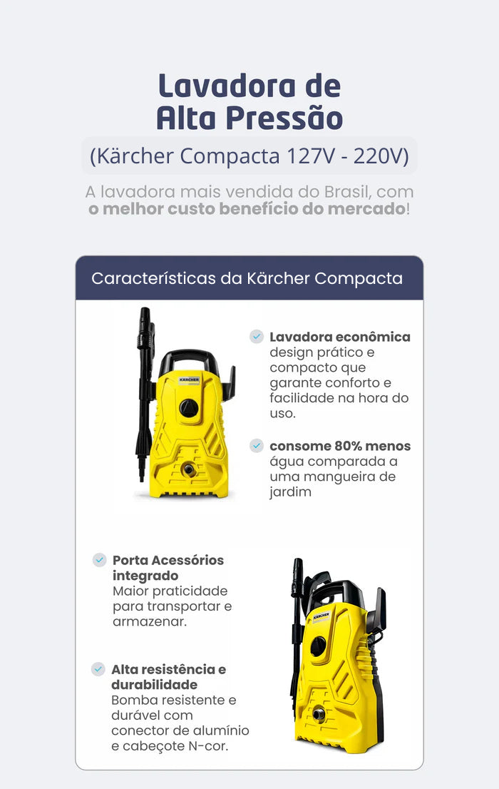 Kit Derrete Sujeira Essencial ( Lavadora de alta pressão Karcher compacta + Pistola de Alta Pressão + Snow foam + adaptador) - Frete Grátis