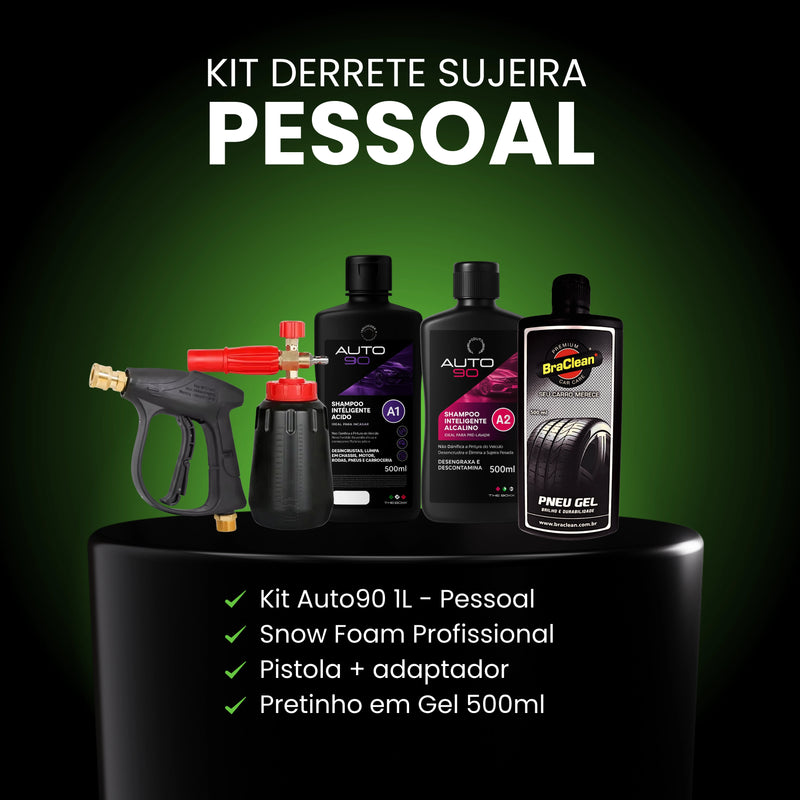 Kit AUTO90 1 L + Pistola de Alta Pressão + SnowFoam + Pretinho em Gel 500ml