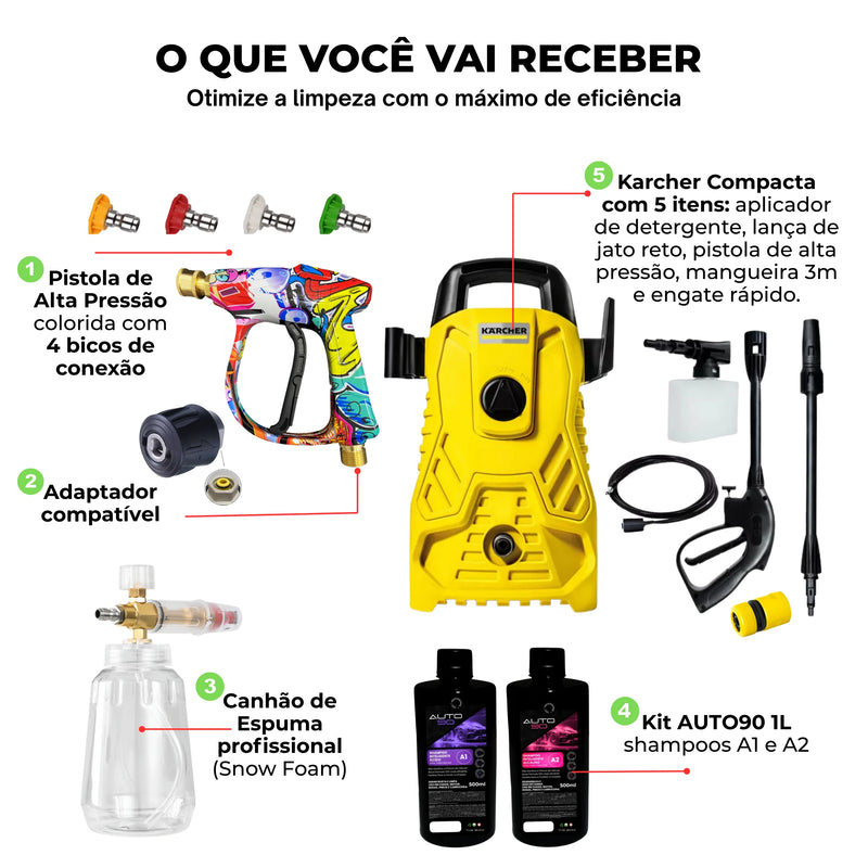 Kit Derrete Sujeira Completo ( Pistola de Alta Pressão Premium + Snow Foam Profissional + Lavadora de Alta Pressão Karcher Compacta + adaptador + Kit Auto90 1L)