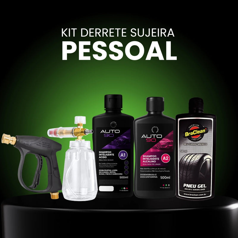 Kit Derrete Sujeira Pessoal (Pistola de Alta Pressão Preta+ Snow Foam + Auto90 1L +  adaptador + Pretinho em Gel)
