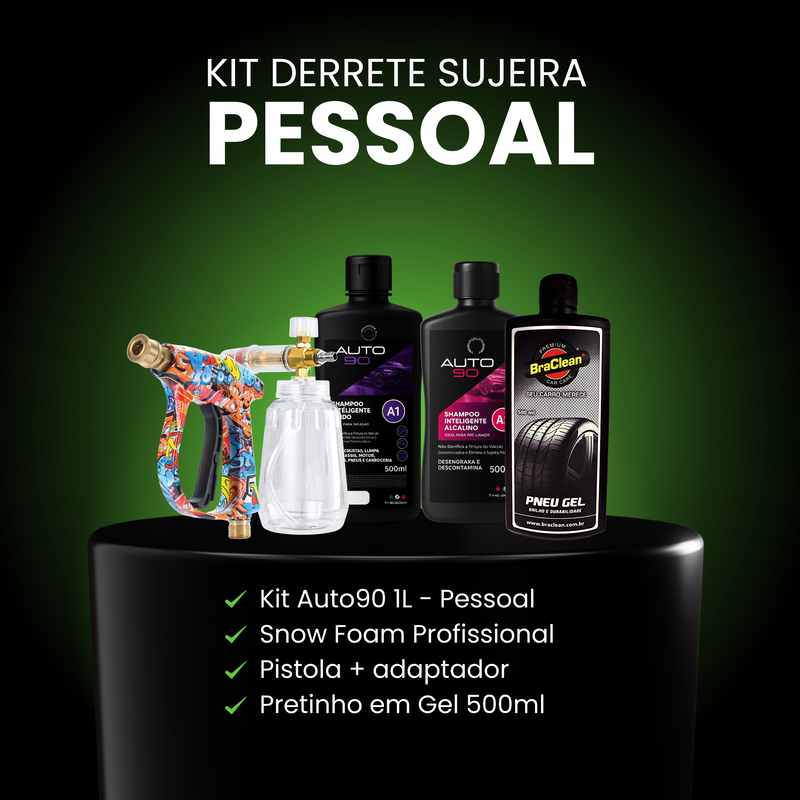 Kit Derrete Sujeira Pessoal (Pistola de Alta Pressão+ Snow Foam + Kit Auto90 1L +  adaptador + Pretinho em Gel) - Frete Grátis