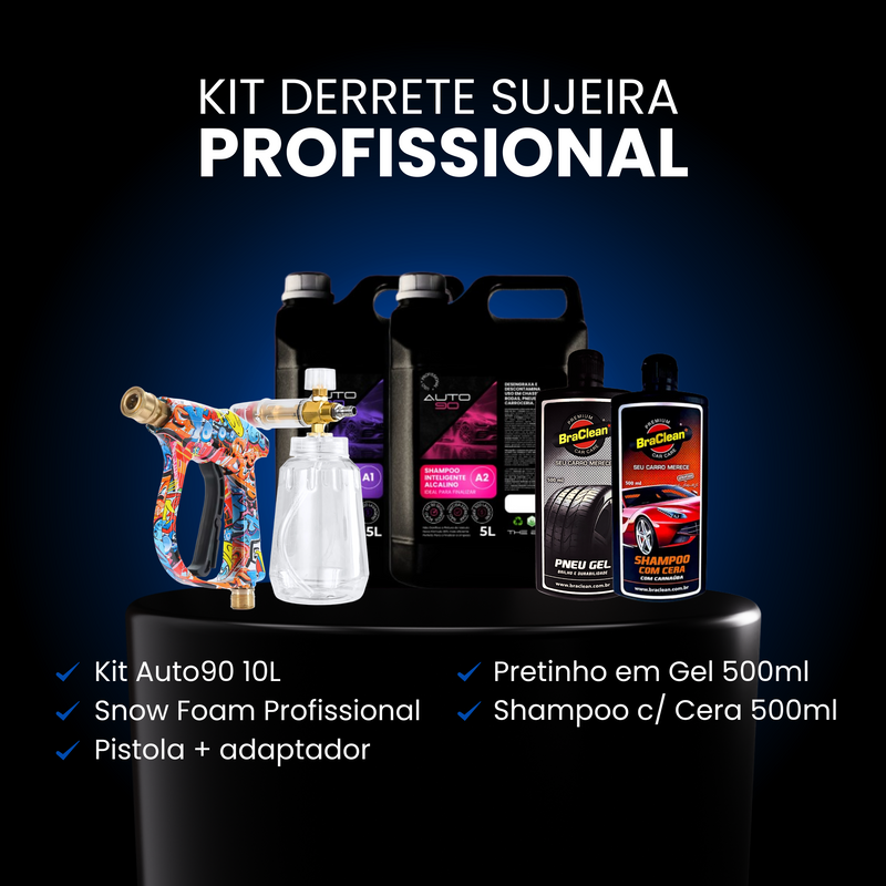 Kit Derrete Sujeira Profissional (Kit auto90 10L + Pistola de Alta Pressão + Snow Foam + Pretinho em gel + Shampoo C/ Cera de Carnaúba + adaptador) - Frete Grátis