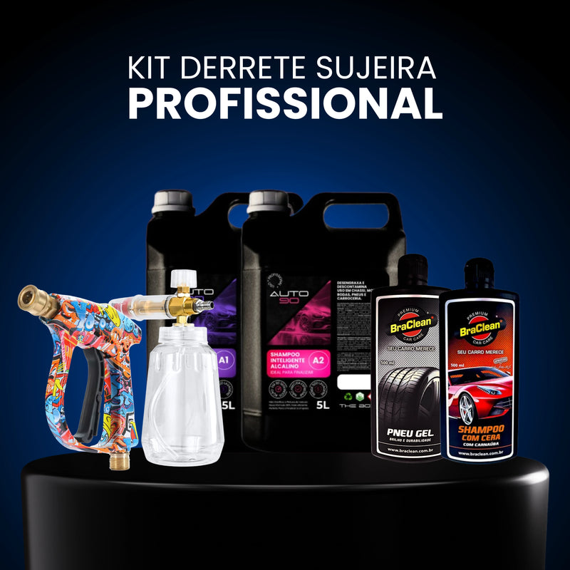 Kit Derrete Sujeira Profissional (Kit auto90 10L + Pistola de Alta Pressão + Snow Foam + Pretinho em gel + Shampoo C/ Cera de Carnaúba + adaptador)