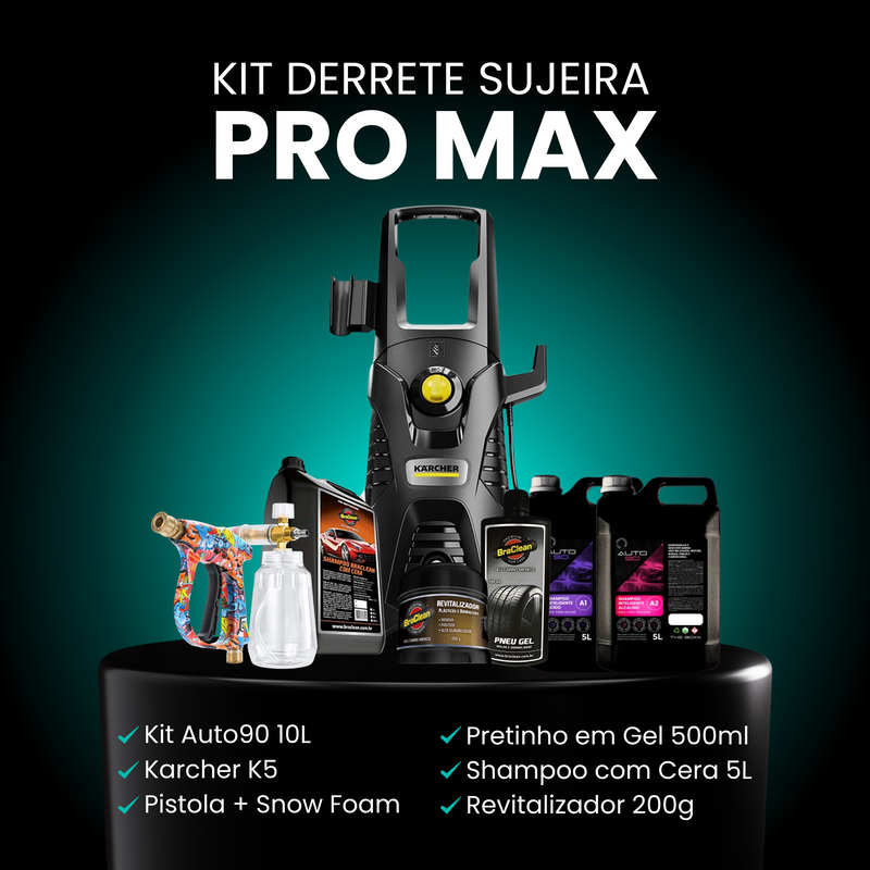 Kit Derrete Sujeira Pro Max (Pistola de Alta Pressão + Snow Foam + Lavadora de Alta Pressão K5 + adaptador +  Kit Auto90 10L + Pretinho 500ml + Shampoo c/ cera de Carnaúba 5L + Revitalizador de Plásticos) - Frete Grátis