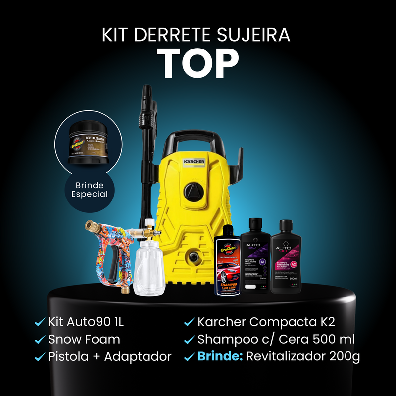 Kit Derrete Sujeira Top (Pistola de Alta Pressão + Snow Foam Profissional + Lavadora de Alta Pressão Karcher Compacta + adaptador + Kit Auto90 1L + Pretinho 500ml + Shampoo c/ cera 500ml + Revitalizador 200g)
