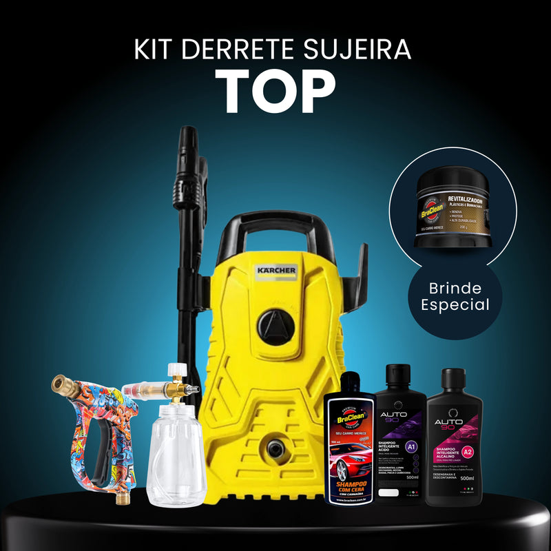 Kit Derrete Sujeira Top (Pistola de Alta Pressão + Snow Foam Profissional + Lavadora de Alta Pressão Karcher Compacta + adaptador + Kit Auto90 1L + Shampoo c/ cera 500ml + Revitalizador 200g)
