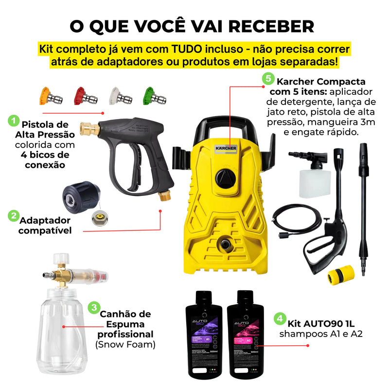 Kit Derrete Sujeira Completo ( Pistola de Alta Pressão Preta + Snow Foam Profissional + Lavadora de Alta Pressão Karcher Compacta + adaptador + Auto90 1L)