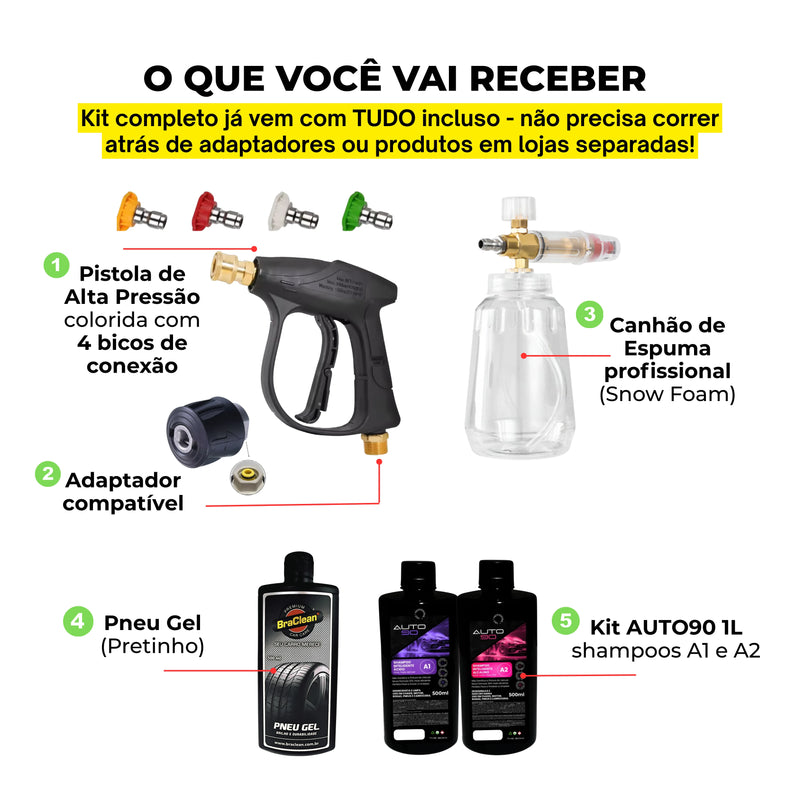 Kit Derrete Sujeira Pessoal (Pistola de Alta Pressão Preta+ Snow Foam + Auto90 1L +  adaptador + Pretinho em Gel)