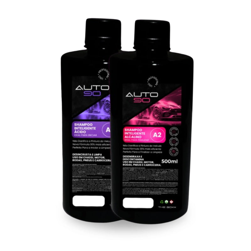 Kit Auto90 Shampoo Automotivo Inteligente 4 em 1 com tecnologia alemã, limpeza profunda sem agredir a pintura, embalagens 500ml A1 e A2.