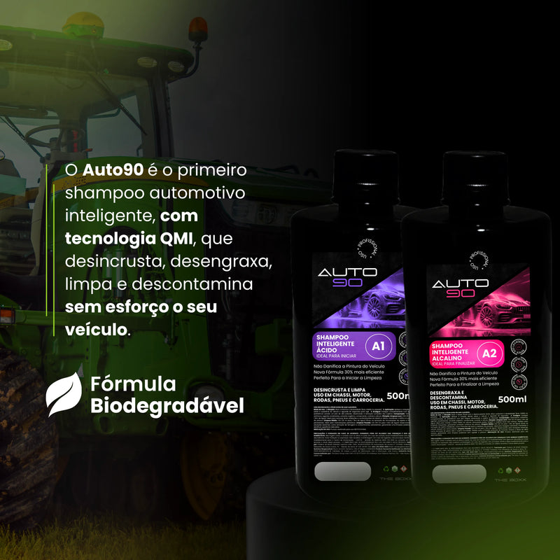 Shampoo automotivo premium para o agro Auto90 1L - Limpeza Pesada Para Máquinas Agrícolas (desicrustante + desengraxante)