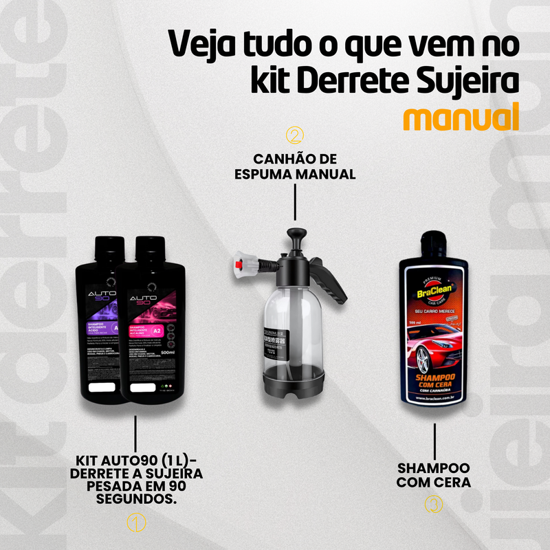 Kit Derrete Sujeira Manual (Snow foam manual + shampoo c/ cera 500ml + kit auto90 1L) - Frete Grátis