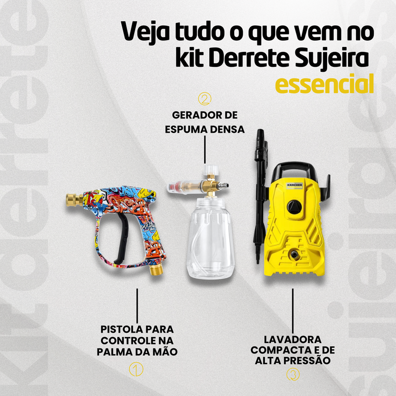 Kit Derrete Sujeira Essencial ( Lavadora de alta pressão Karcher compacta + Pistola de Alta Pressão + Snow foam + adaptador) - Frete Grátis